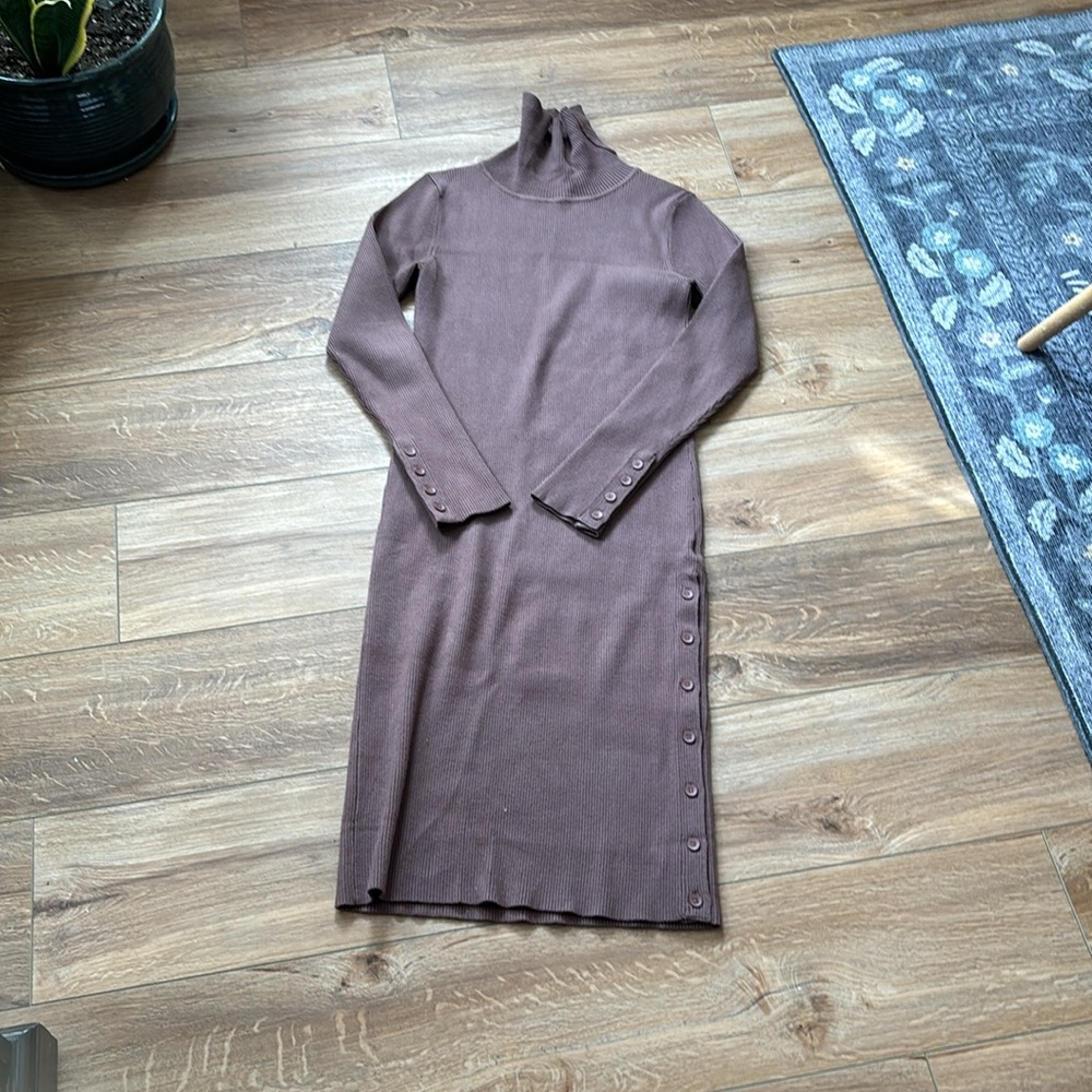 GILLI brown ribbed thick knit bodycon sweater dress medium. Turtleneck buttons